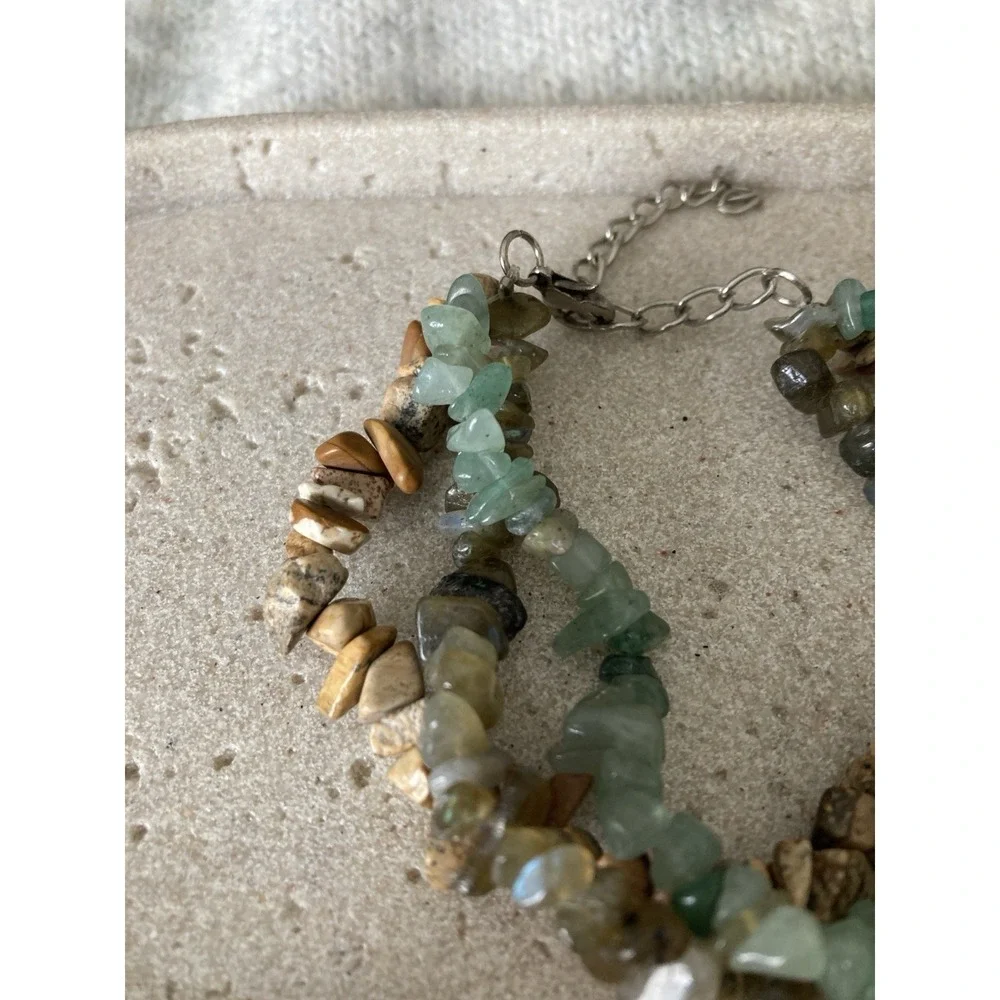 Natural Stone Chip Bead Bracelet Multi Strand Green Brown Semi Precious Gemstone